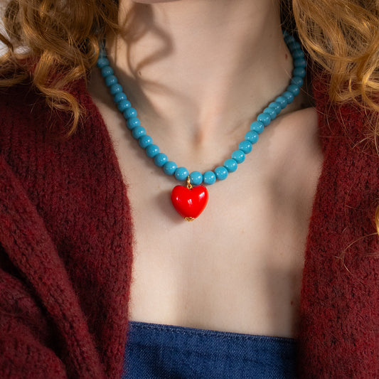 Turquoise Bead And Red Heart Necklace