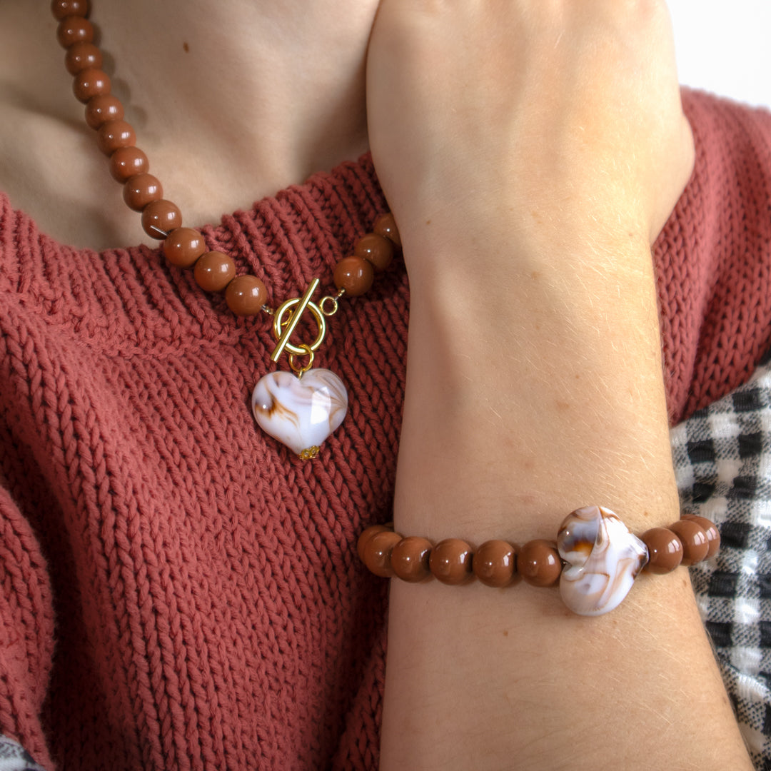 Mocca Bead and Cream Heart Necklace