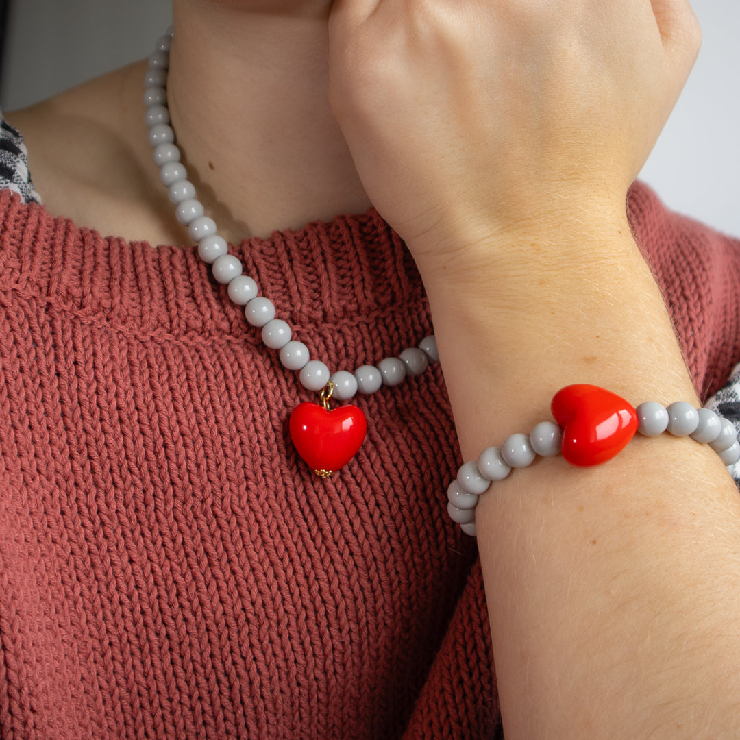 Pastel Grey Bead and Red Heart Bracelet
