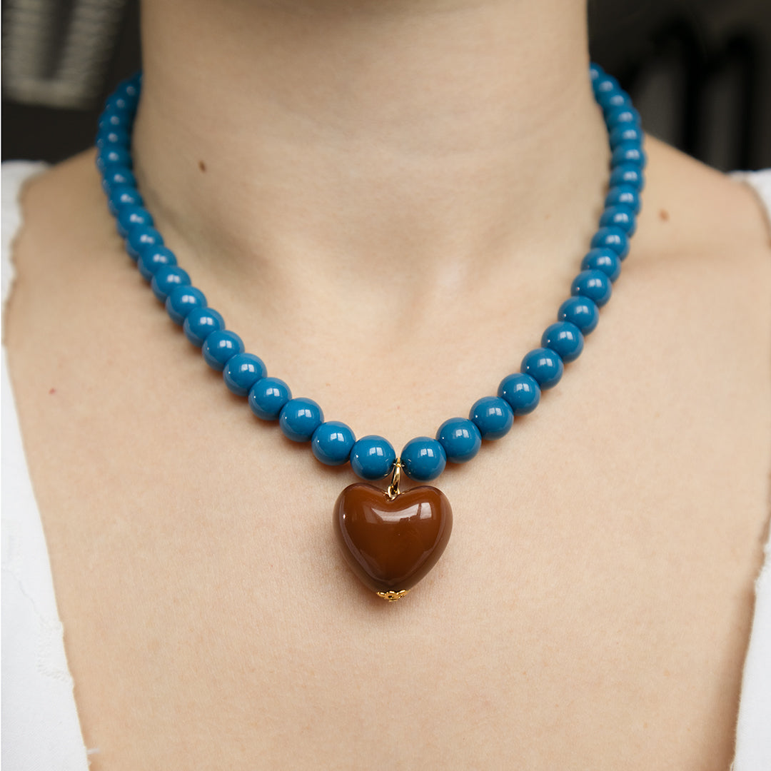Peacock Blue Bead and Chocolate Heart Bracelet