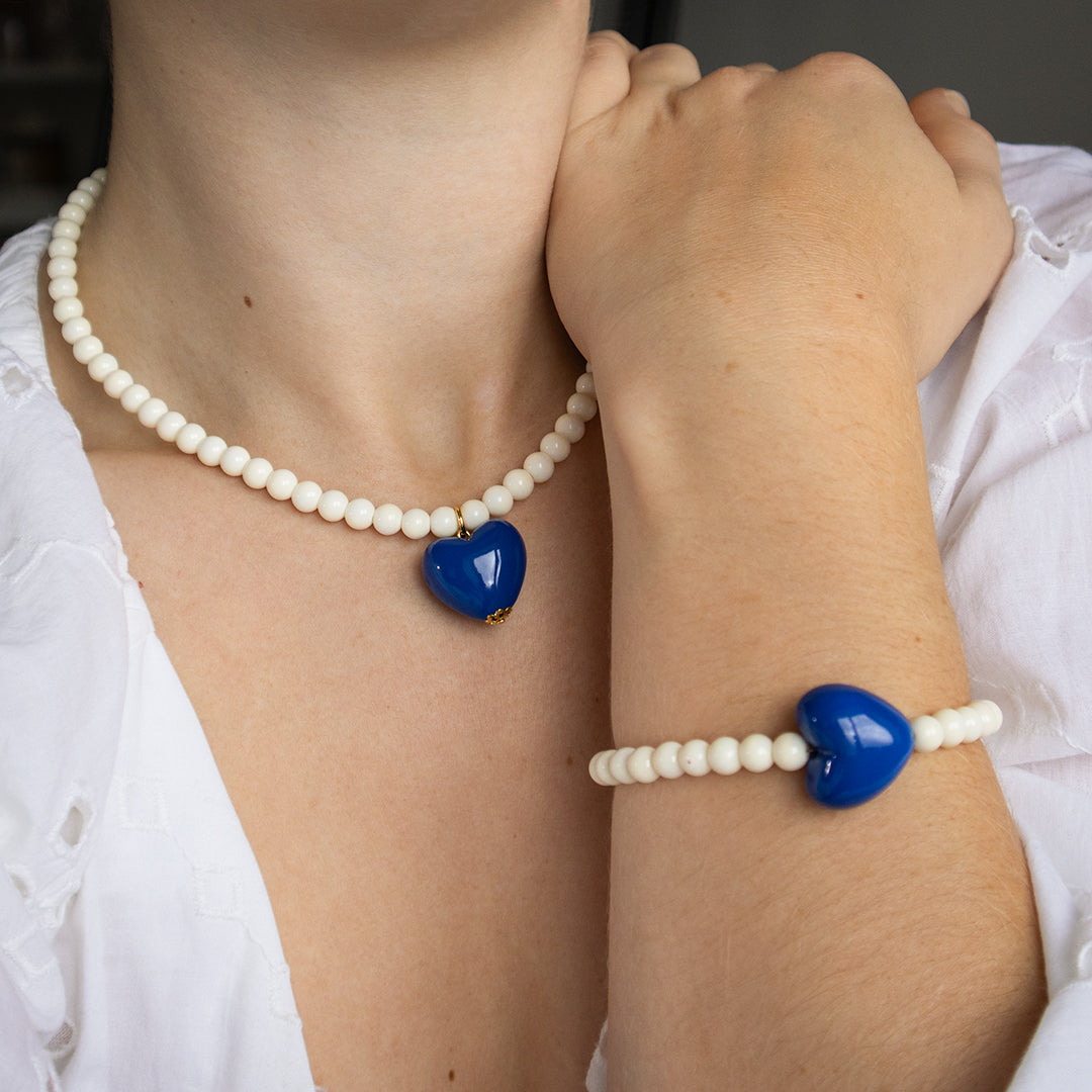 Cream and Blue Stripe Bead Necklace Set of 2