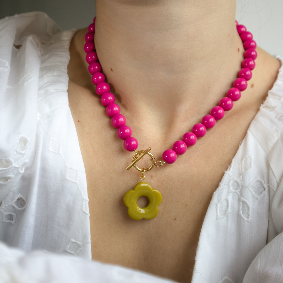 Barbie Pink Bead and Olive Flower Bracelet