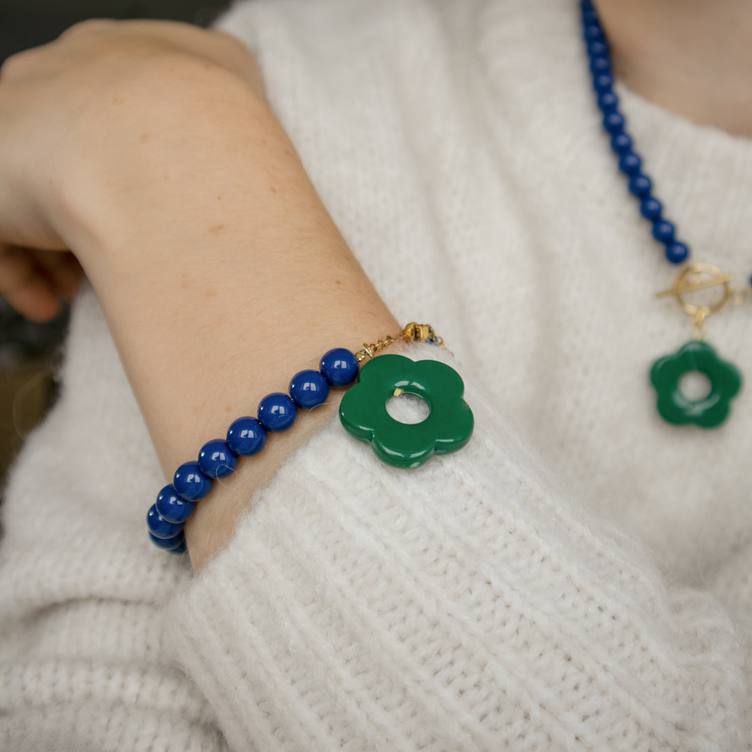 Navy Bead and Forest Green Flower Toggle Necklace