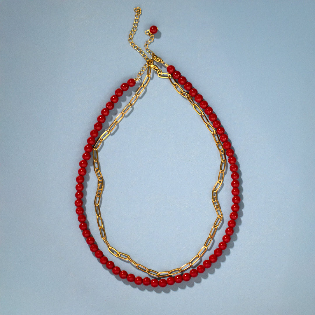 Red Bead and Paperclip Chain Bracelet Set of 2