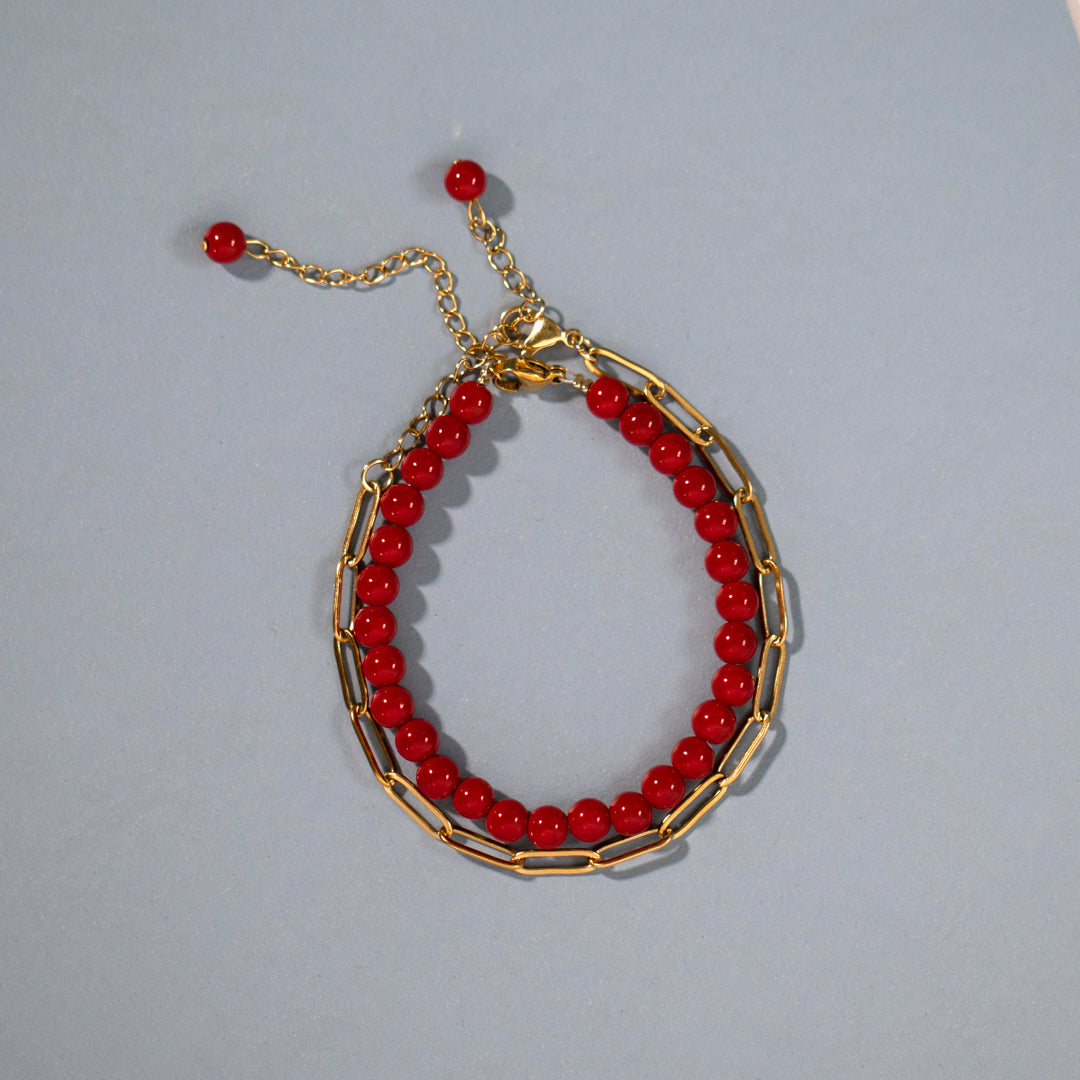 Red Bead and Paperclip Chain Necklace Set of 2