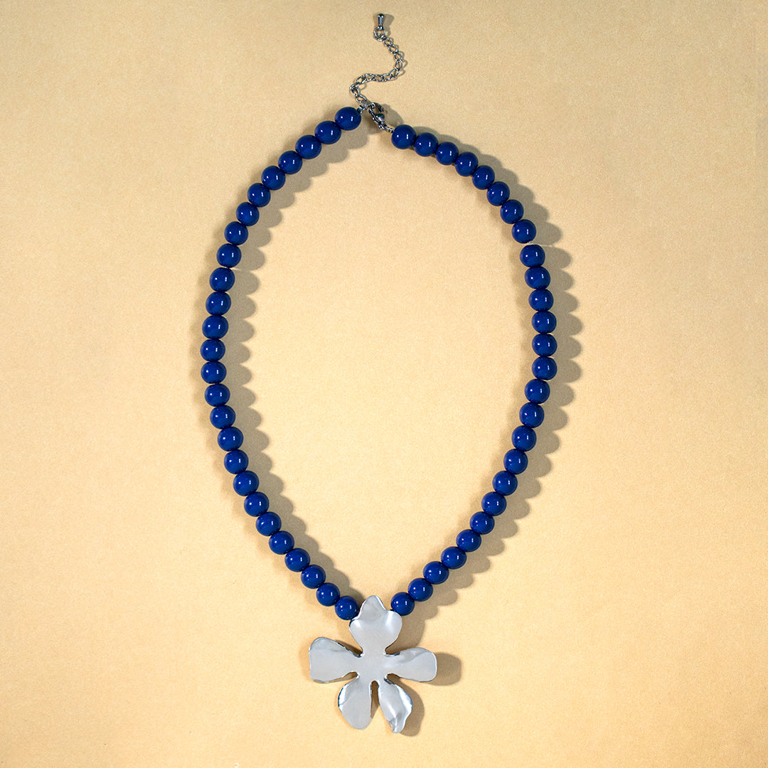 Statement Navy Bead and Silver Flower Necklace