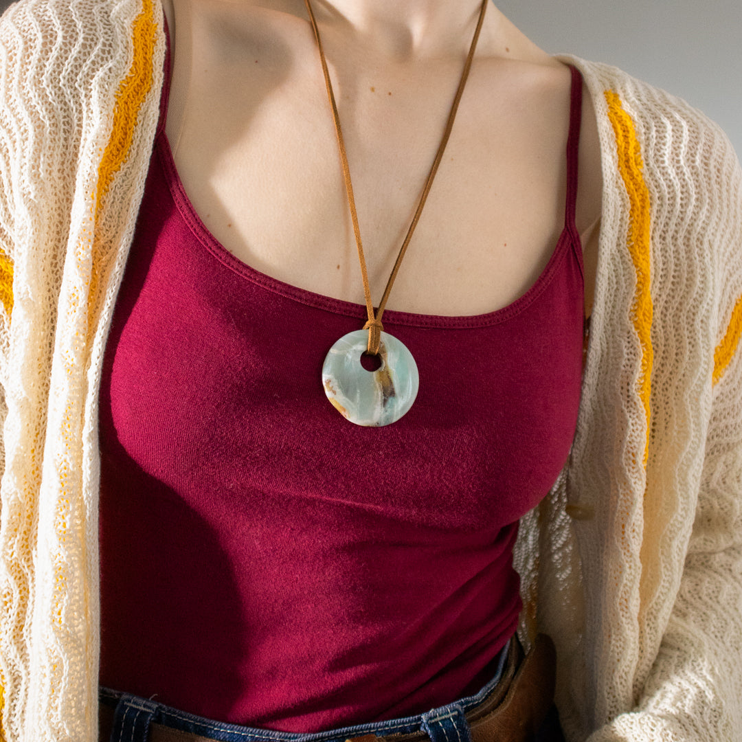 Amazonite Gemstone Cord Long Pendant Necklace