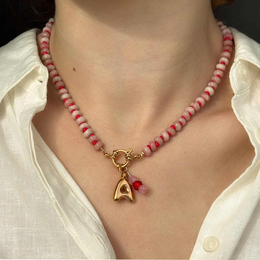 Bubble Initial and Pink Gemstone Gingham Necklace