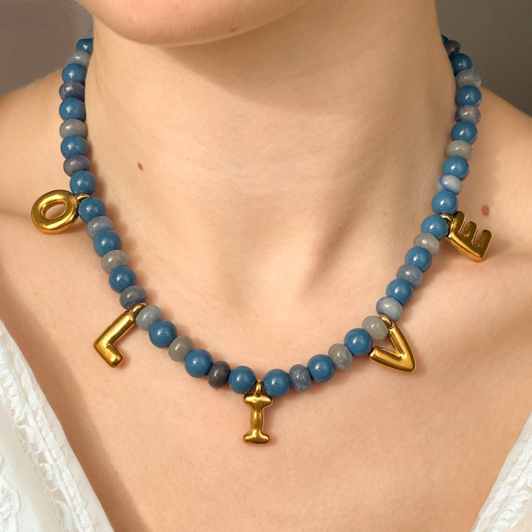 Personalised Bubble Letters Name Blue Gemstone Bead Necklace