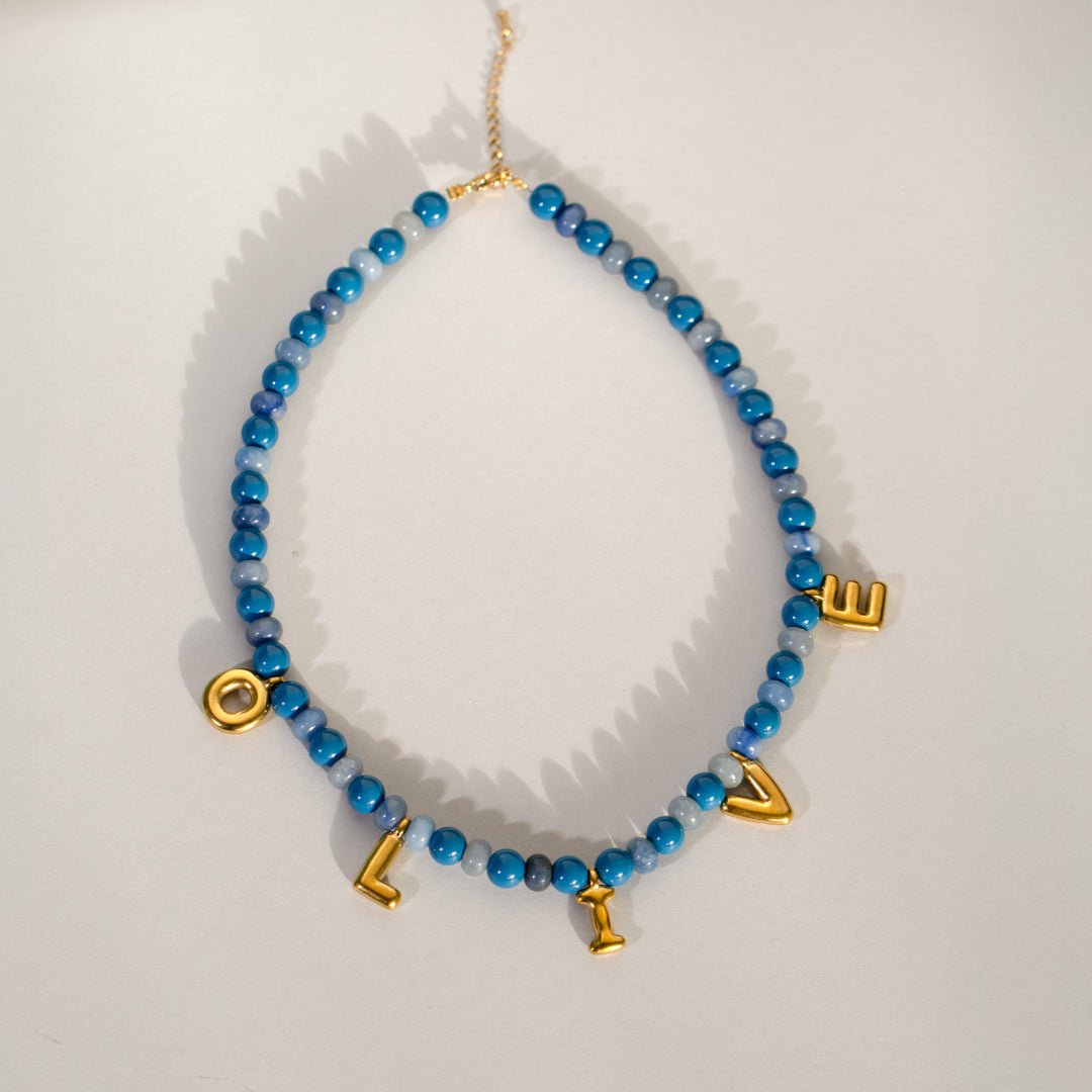 Personalised Bubble Letters Name Blue Gemstone Bead Necklace