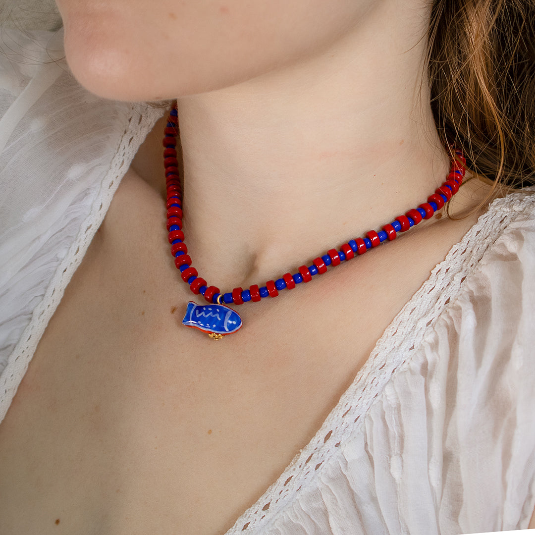 Red & Blue Bead Fish Charm Necklace