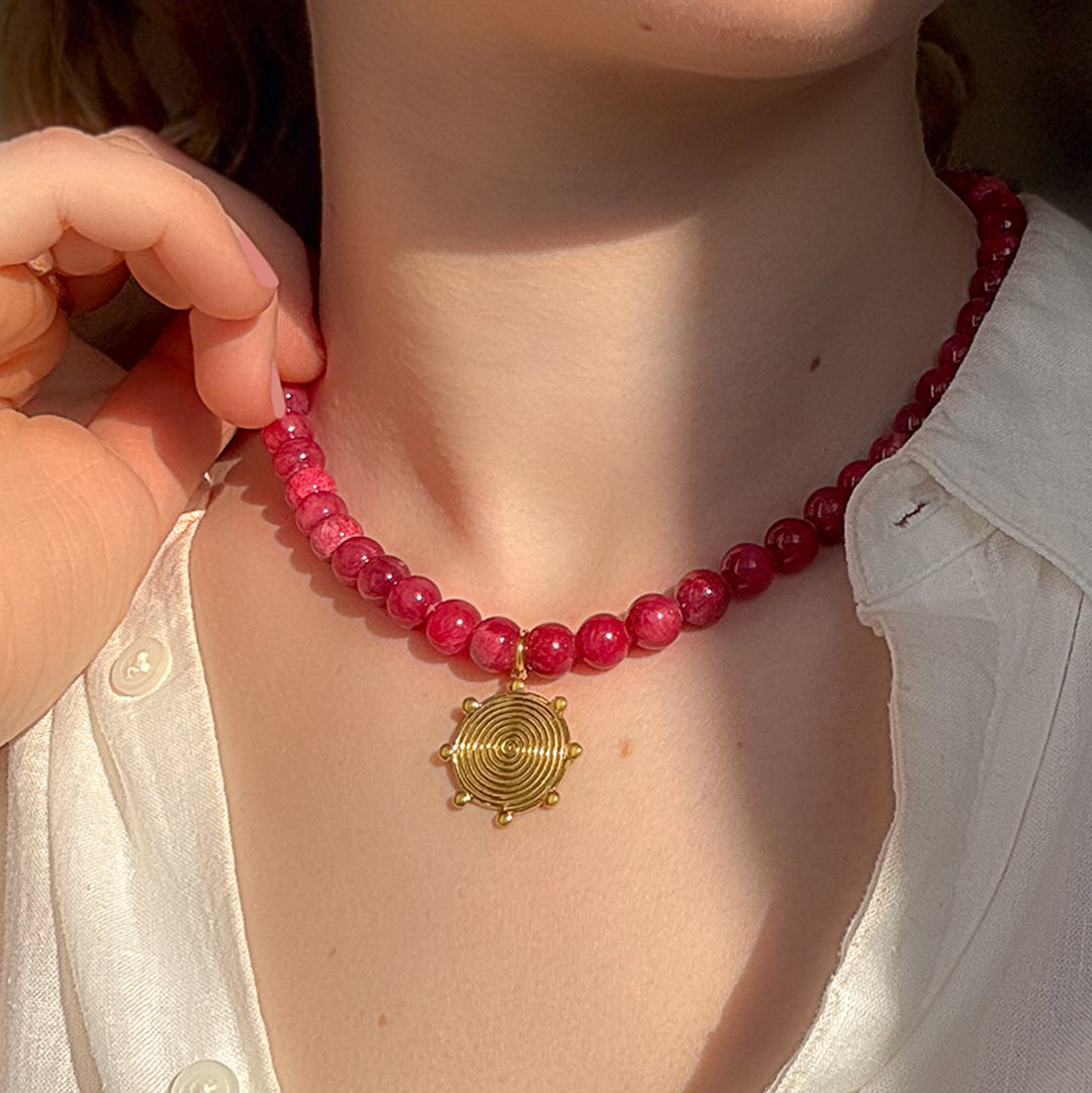 Nomad Pink Jade Spiral Coin Necklace