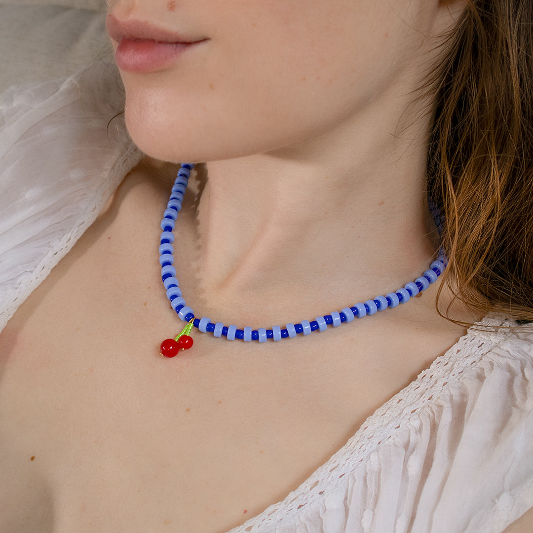 Blue Gingham Berry Charm Necklace