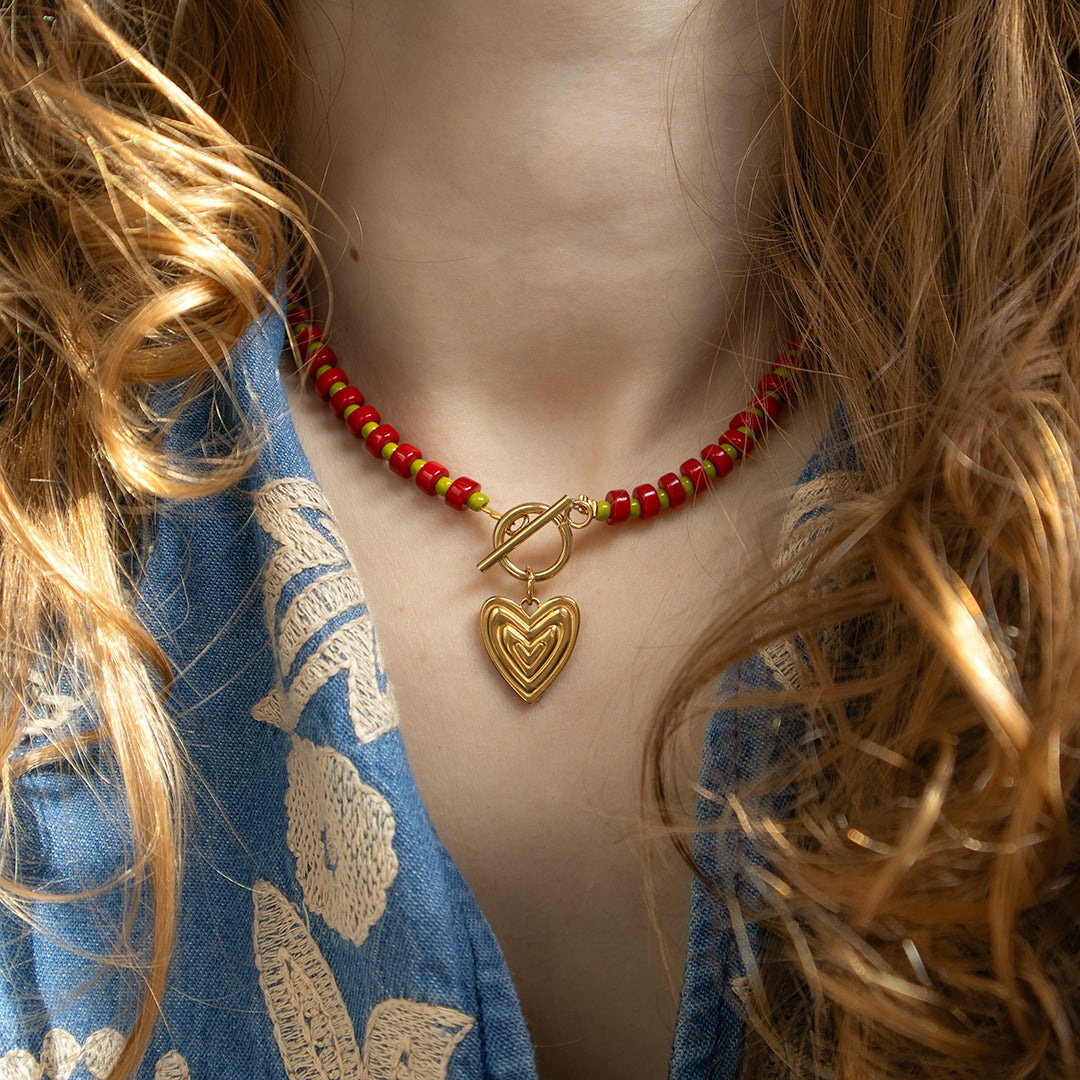 Red and Green Gingham Ridged Heart Necklace