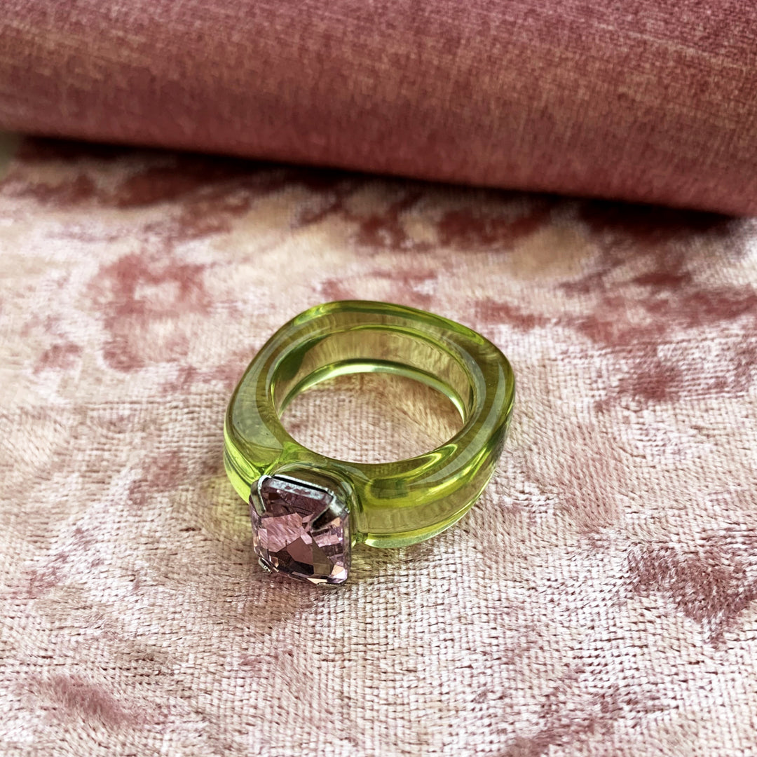Chunky Olivine Green Resin Ring With Rhinestone