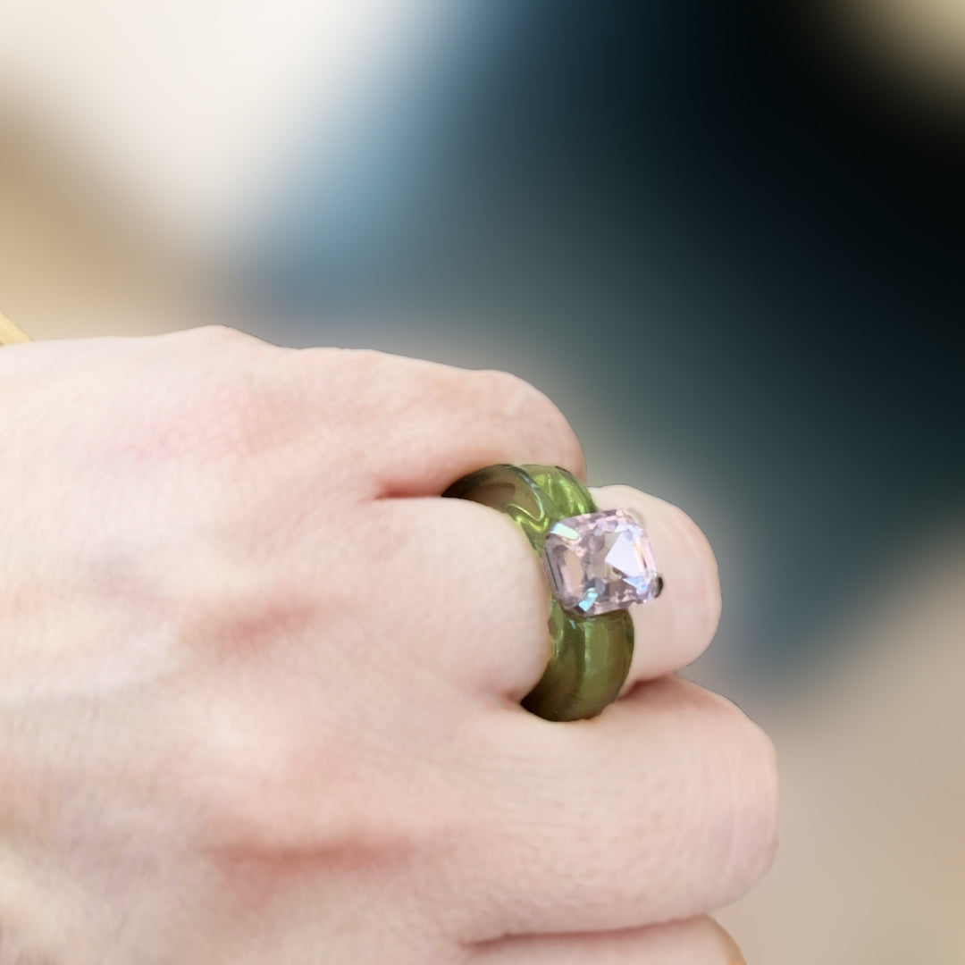 Chunky Olivine Green Resin Ring With Rhinestone