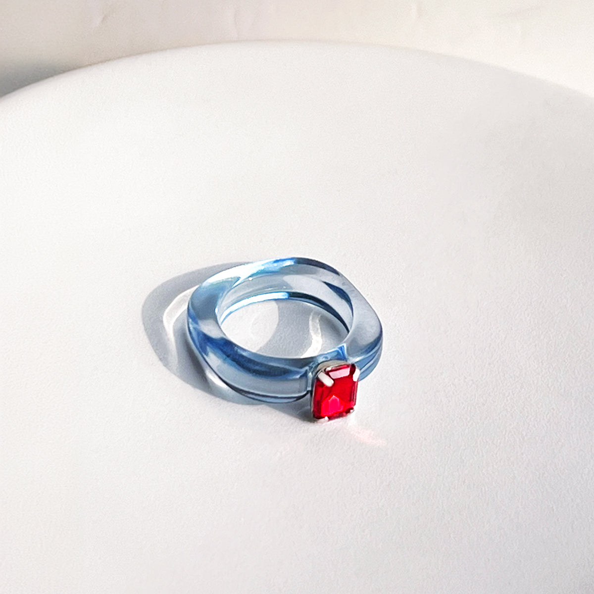 Blue Resin Ring With Red Rhinestone