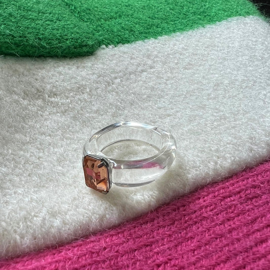 Transparent Resin Ring With Pink Rhinestone