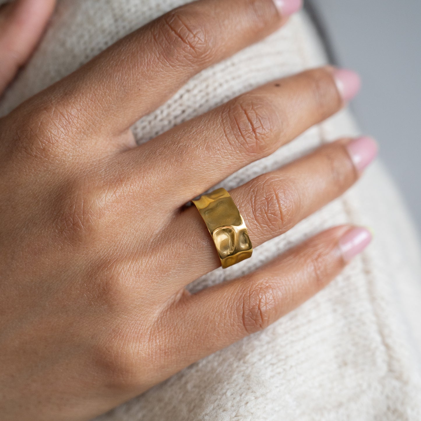 Hammered Wide Open Ring Non Tarnish