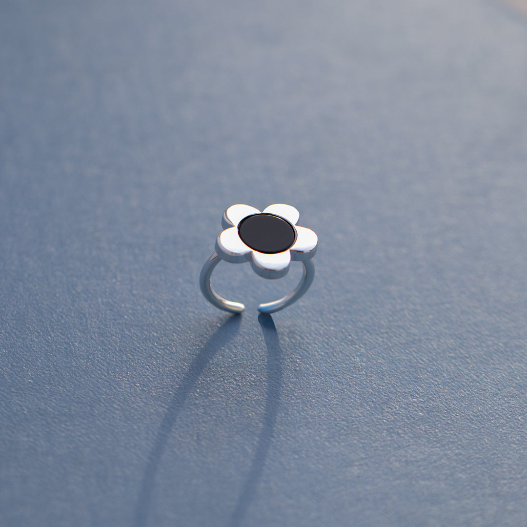 Sterling Silver Flower Onyx Open Ring