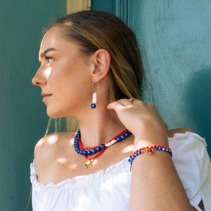 Sculptural Lapis Lazuli And Keshi Pearl Hoop Earrings