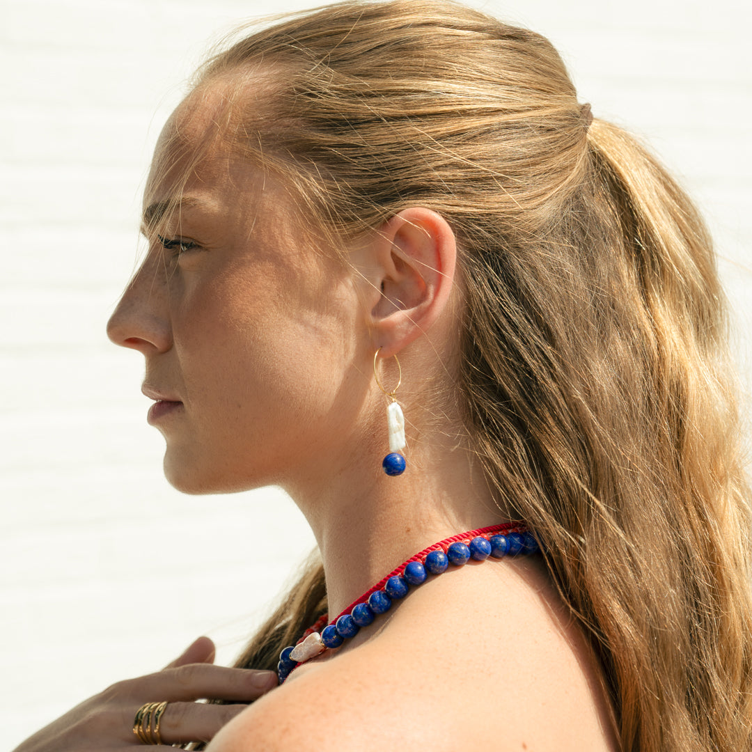Sculptural Lapis Lazuli And Keshi Pearl Hoop Earrings