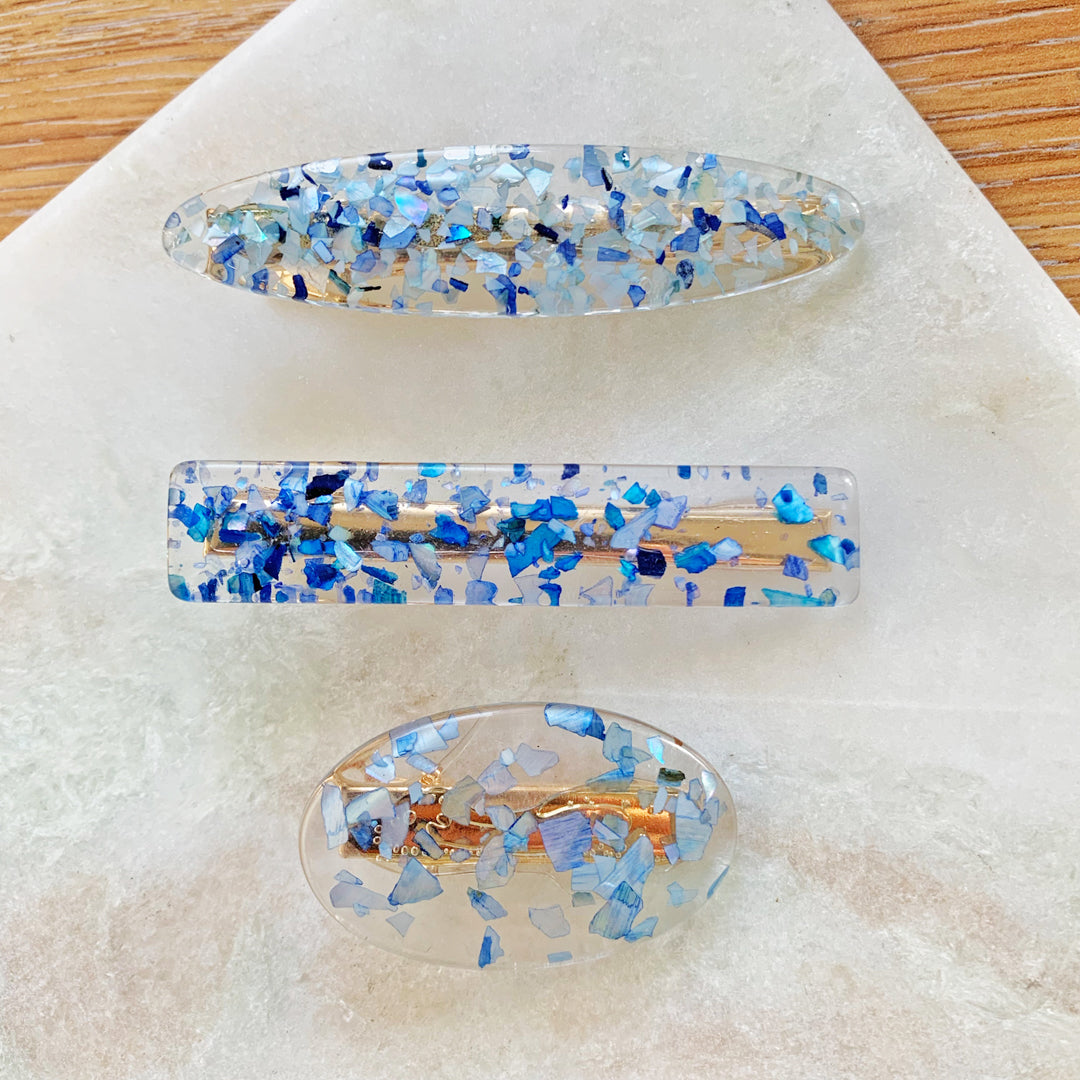 Set Of Three Blue Flake Hair Clip Slides