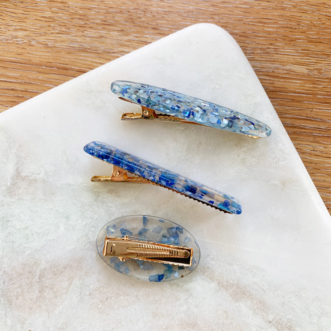 Set Of Three Blue Flake Hair Clip Slides