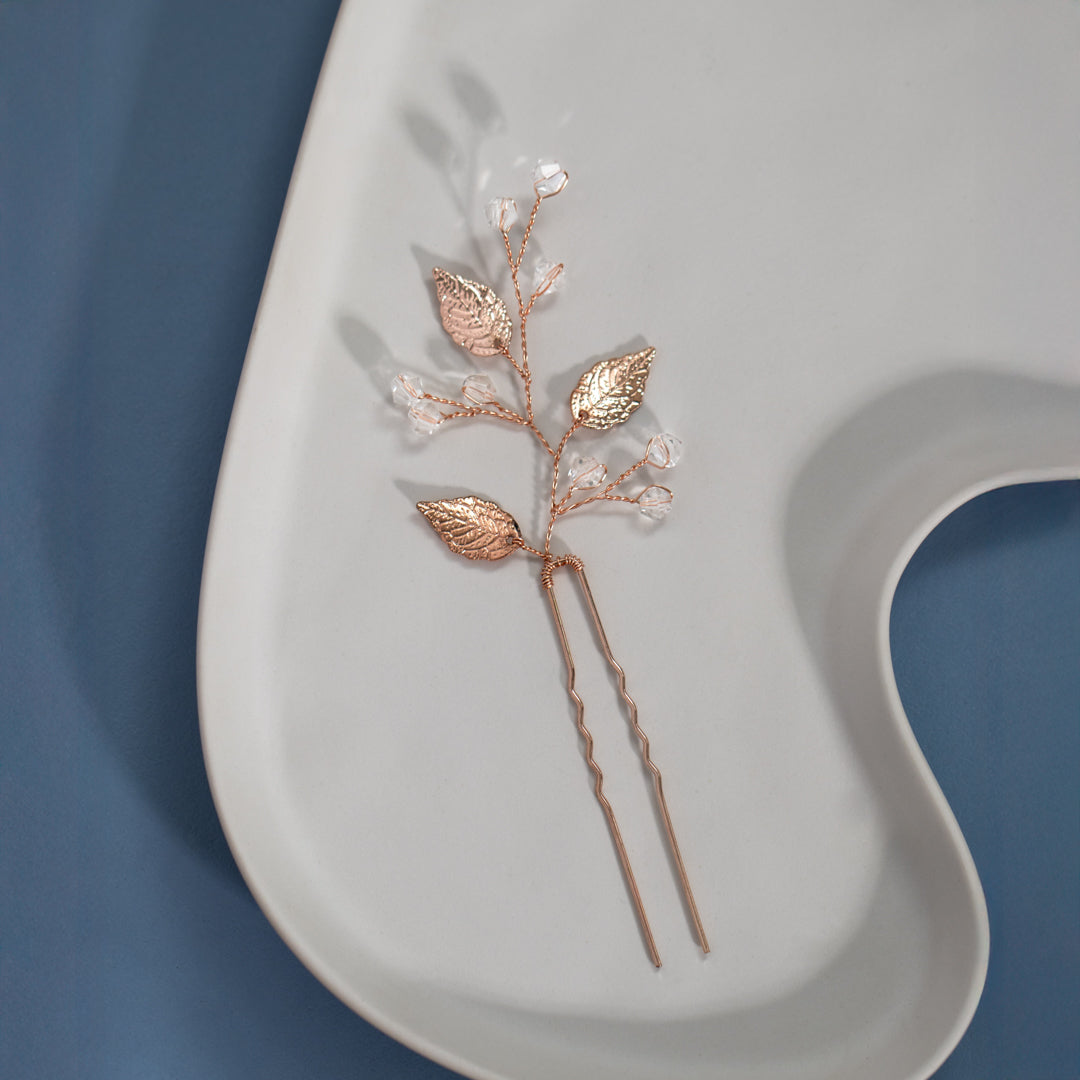 Rose Gold Plated Leaves And Crystal Hair Pin