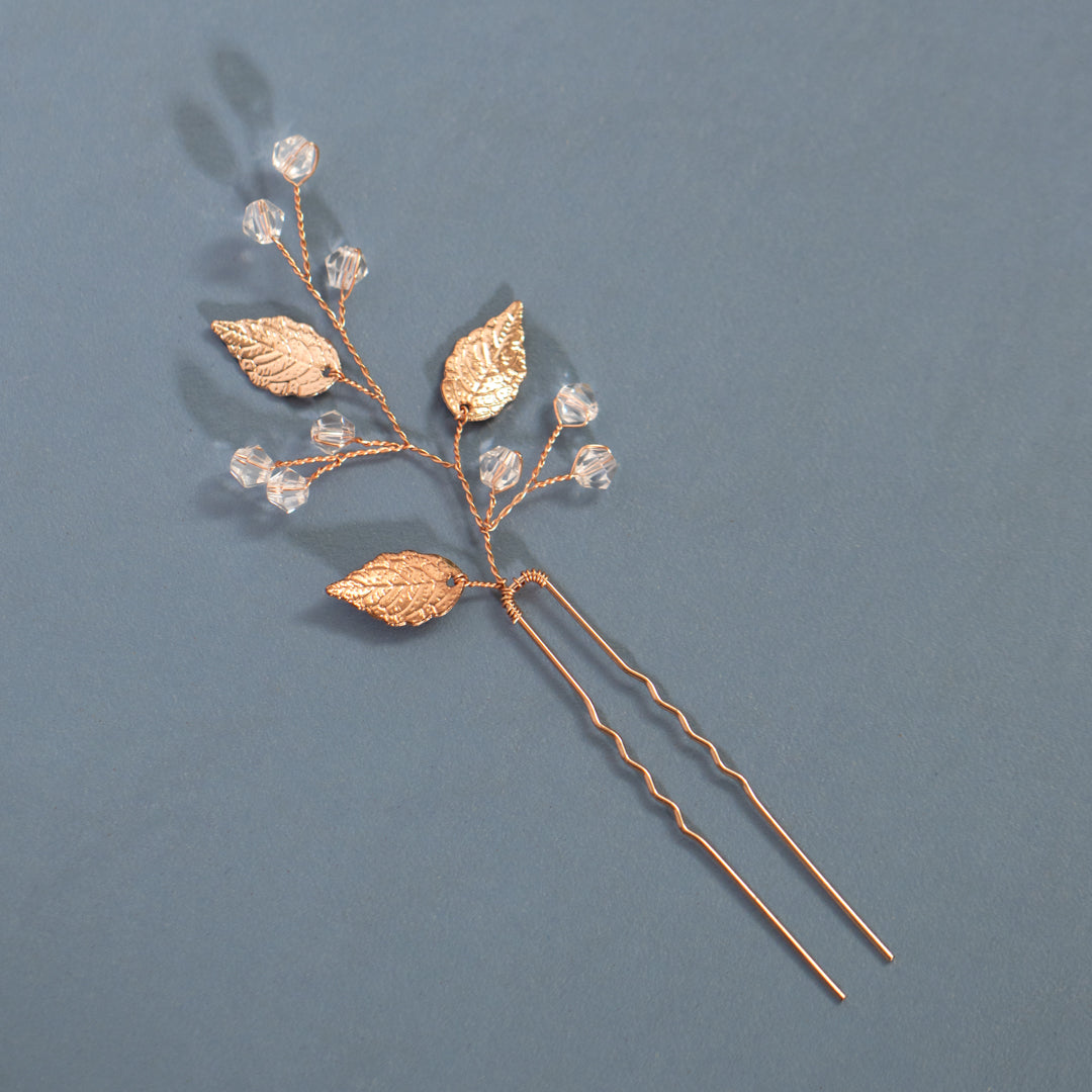 Rose Gold Plated Leaves And Crystal Hair Pin