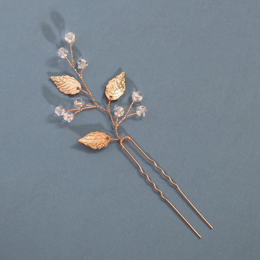 Rose Gold Plated Leaves And Crystal Hair Pin