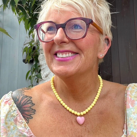 Buttermilk Yellow Bead and Pink Heart Necklace