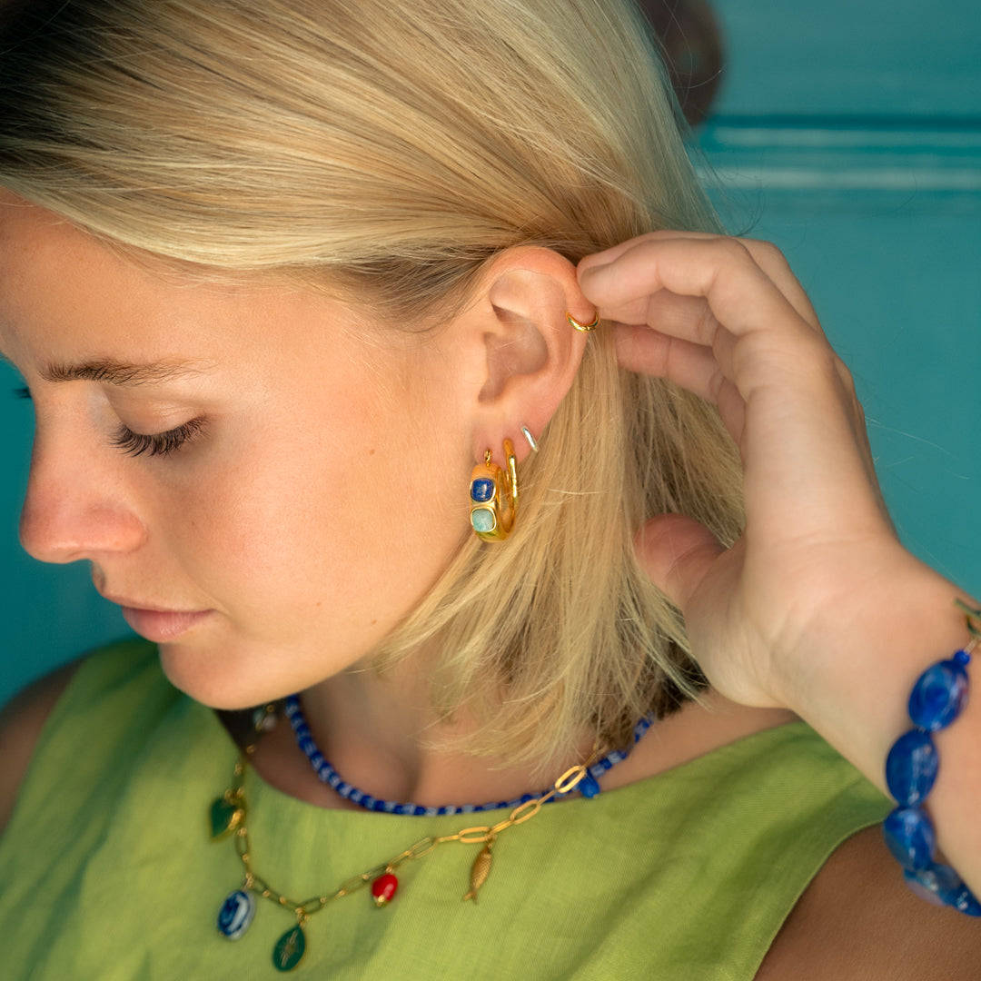 Non Tarnish Lapis Lazuli And Turquoise Hoop Earrings