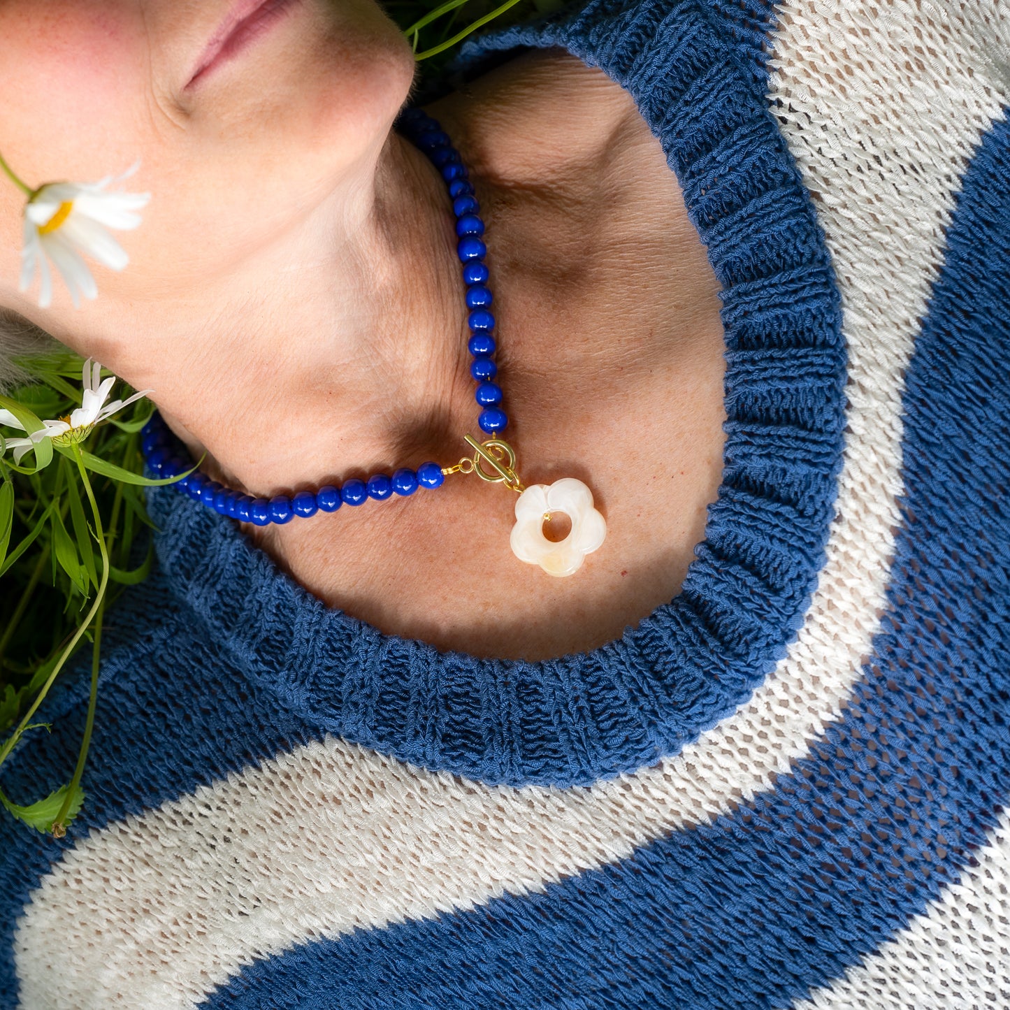 Navy Blue Bead and White Flower Toggle Necklace