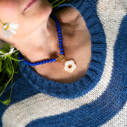 Navy Blue Bead and White Flower Toggle Necklace