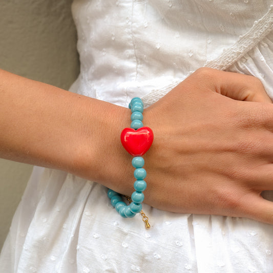 Turquoise Bead and Red Heart Bracelet