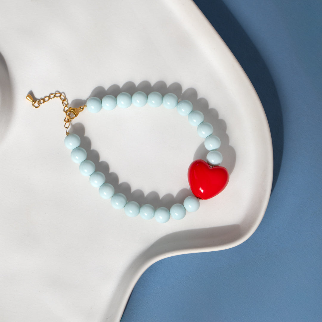 Powder Blue Bead Bracelet With Red Heart