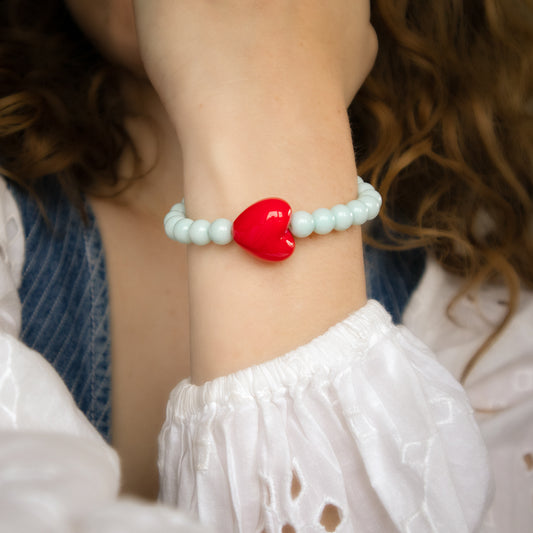 Powder Blue Bead Bracelet With Red Heart