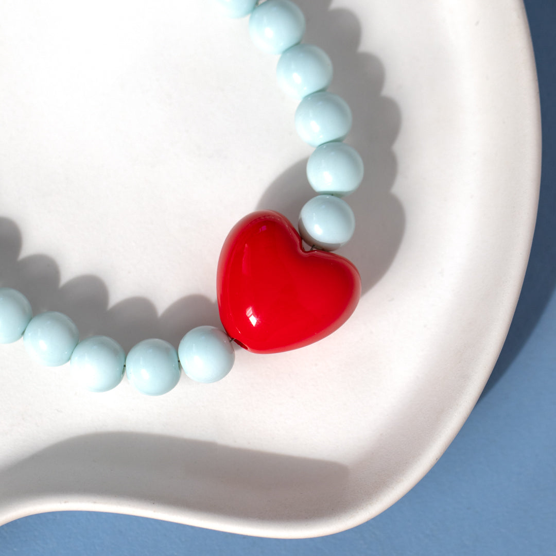 Powder Blue Bead Bracelet With Red Heart