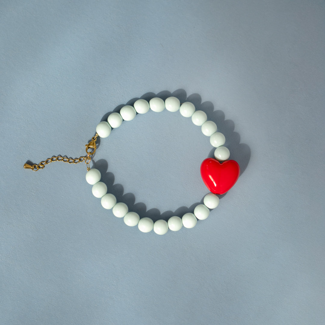 Powder Blue Bead Bracelet With Red Heart