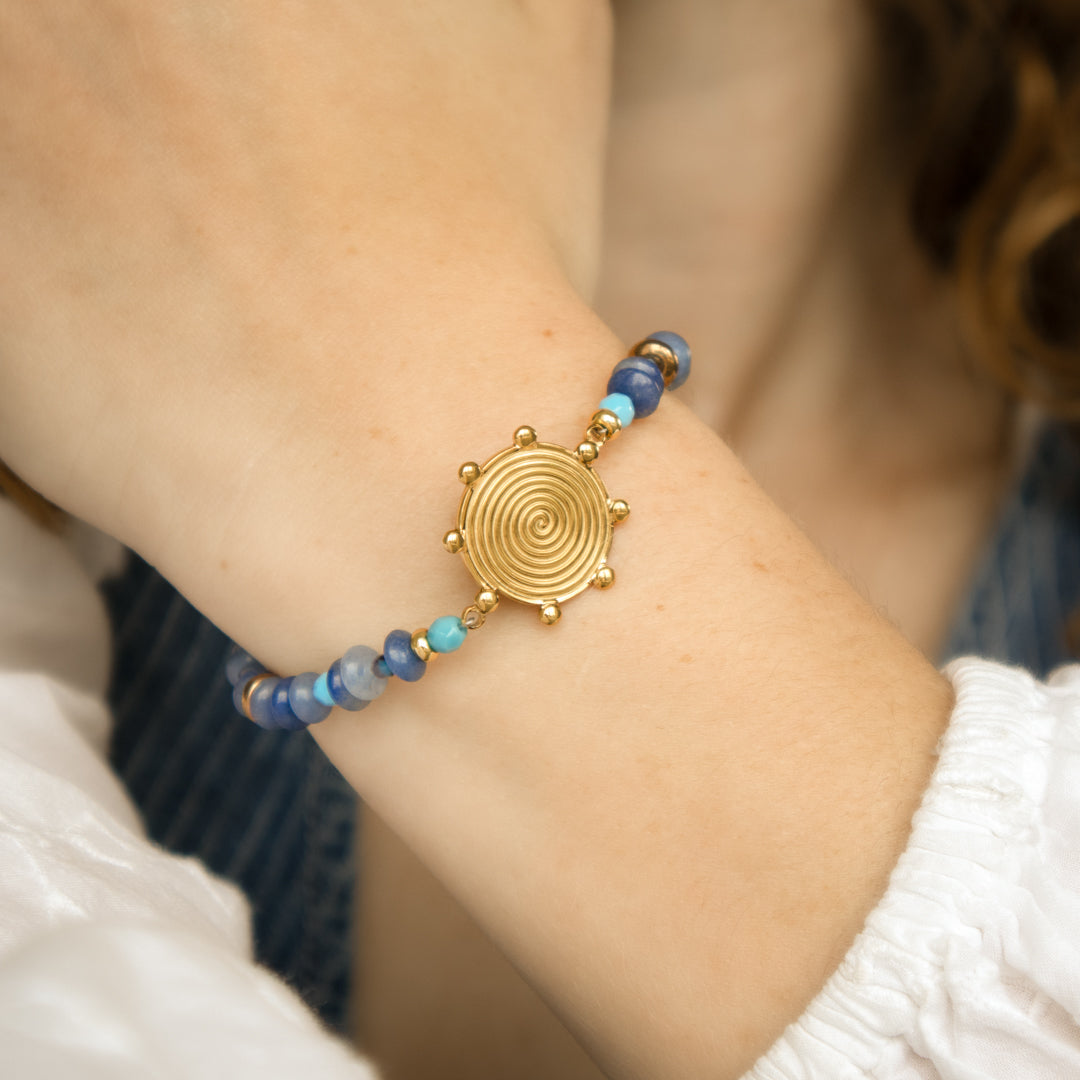 Blue Gemstone Bead and Gold Swirl Necklace