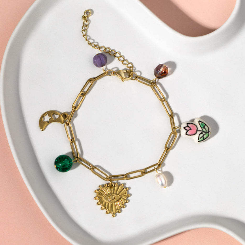 Heart and Ceramic Charm Bracelet