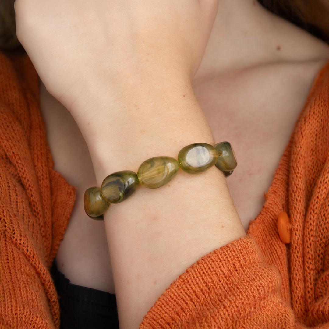 Olive Green Chunky Bead Stretch Bracelet