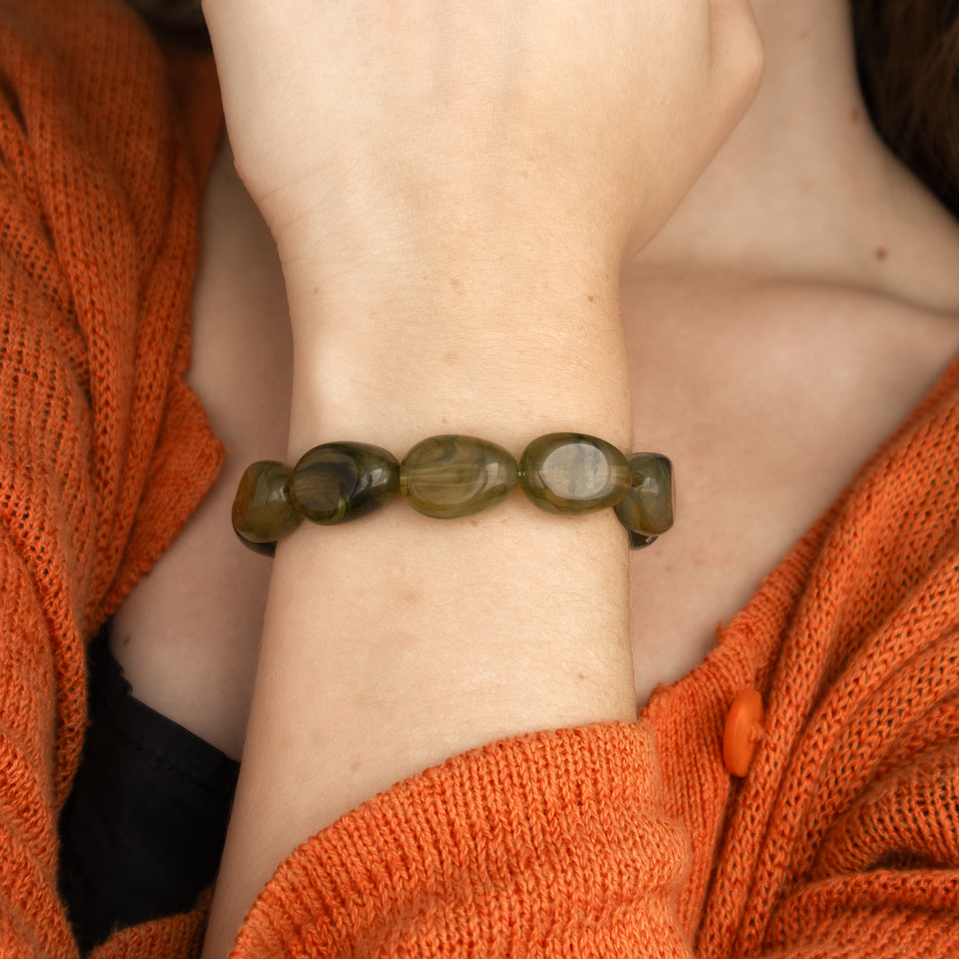 Olive Green Chunky Bead Stretch Bracelet