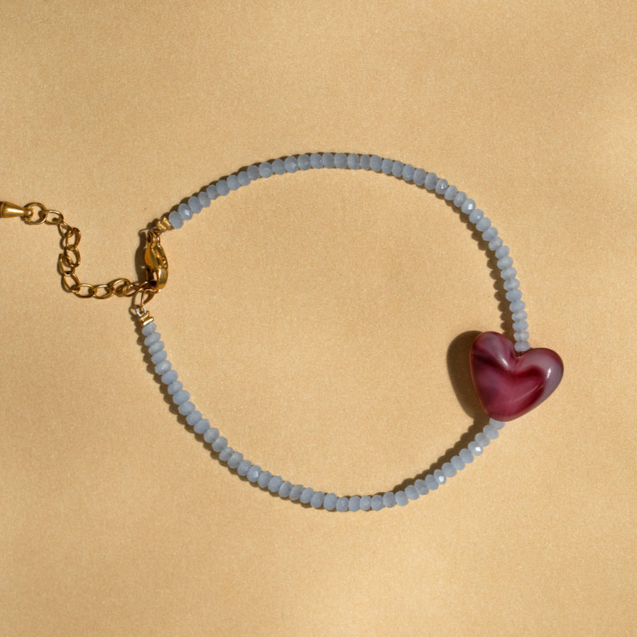 Delicate Blue Bead And Pink Heart Necklace