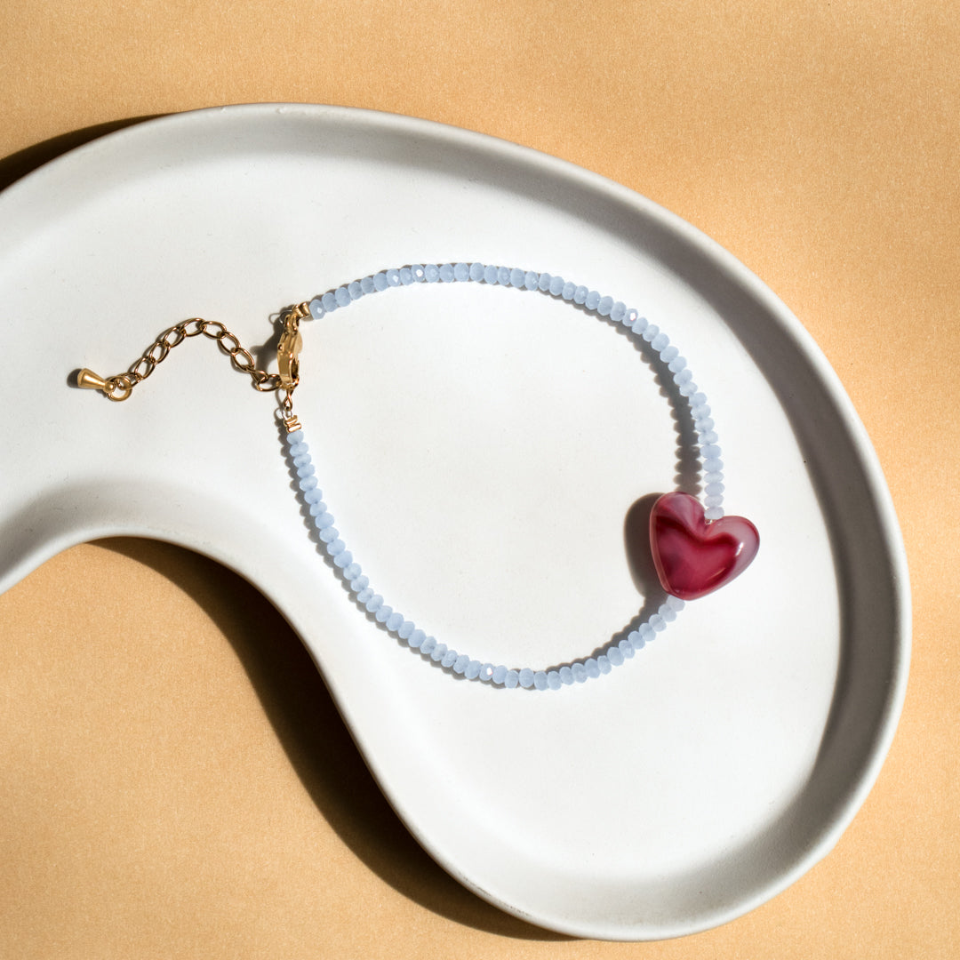 Delicate Blue Bead And Pink Heart Bracelet