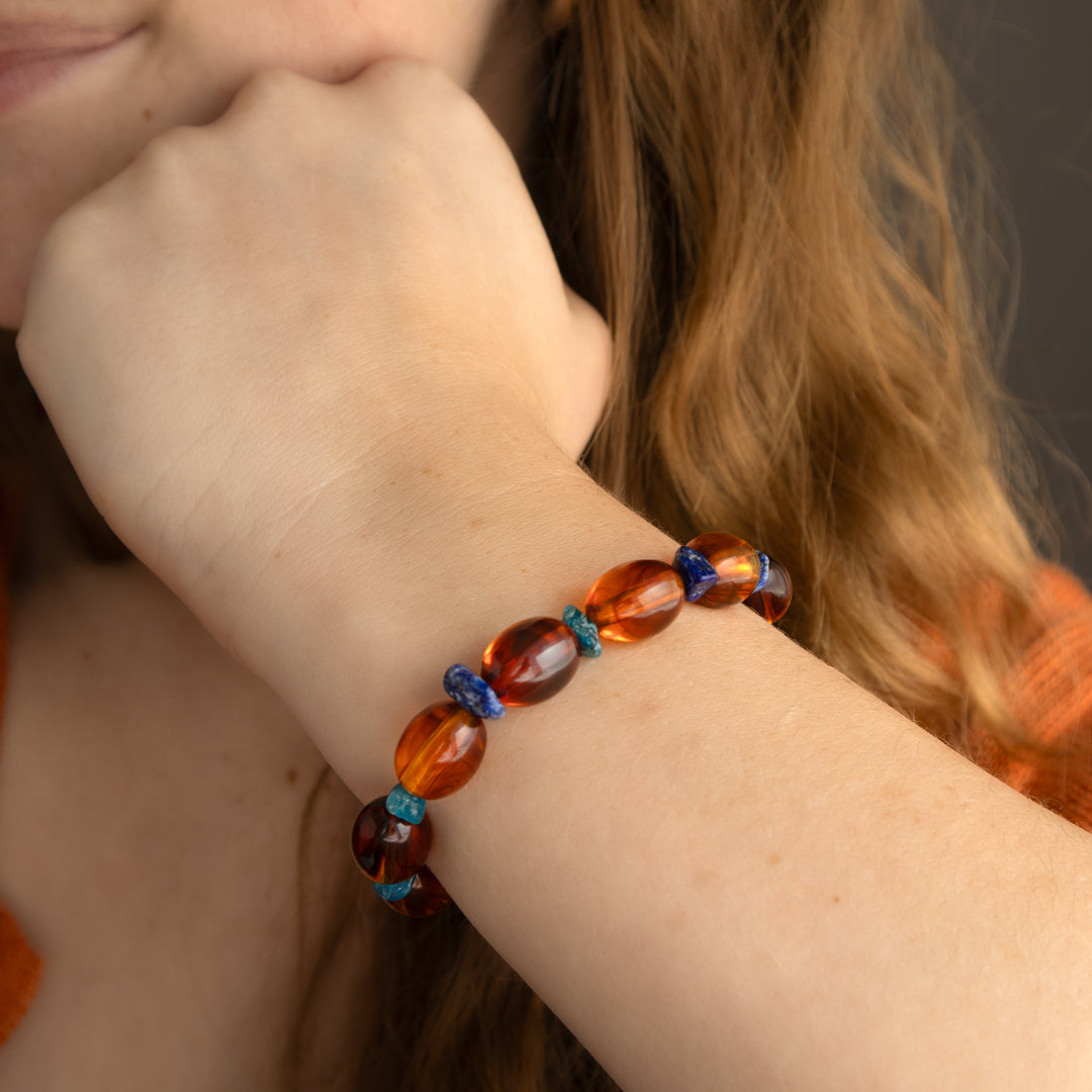 Chunky Amber And Blue Gemstone Stretch Bracelet