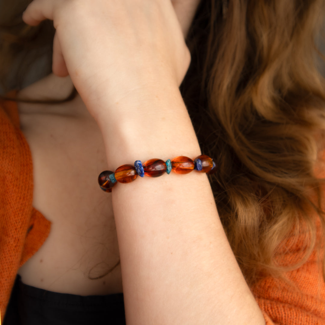 Chunky Amber And Blue Gemstone Stretch Bracelet