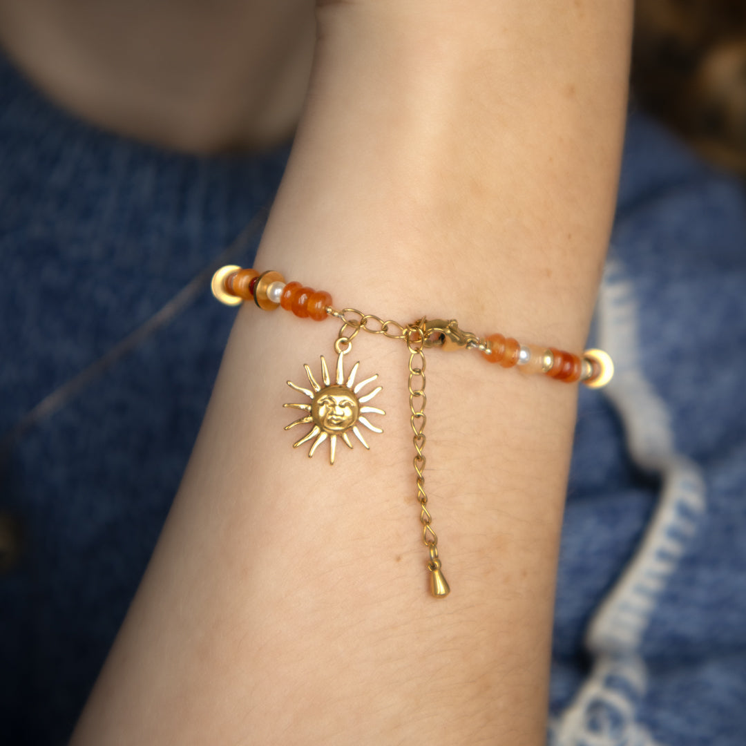 Carnelian Gemstone Bead And Sun Charm Bracelet