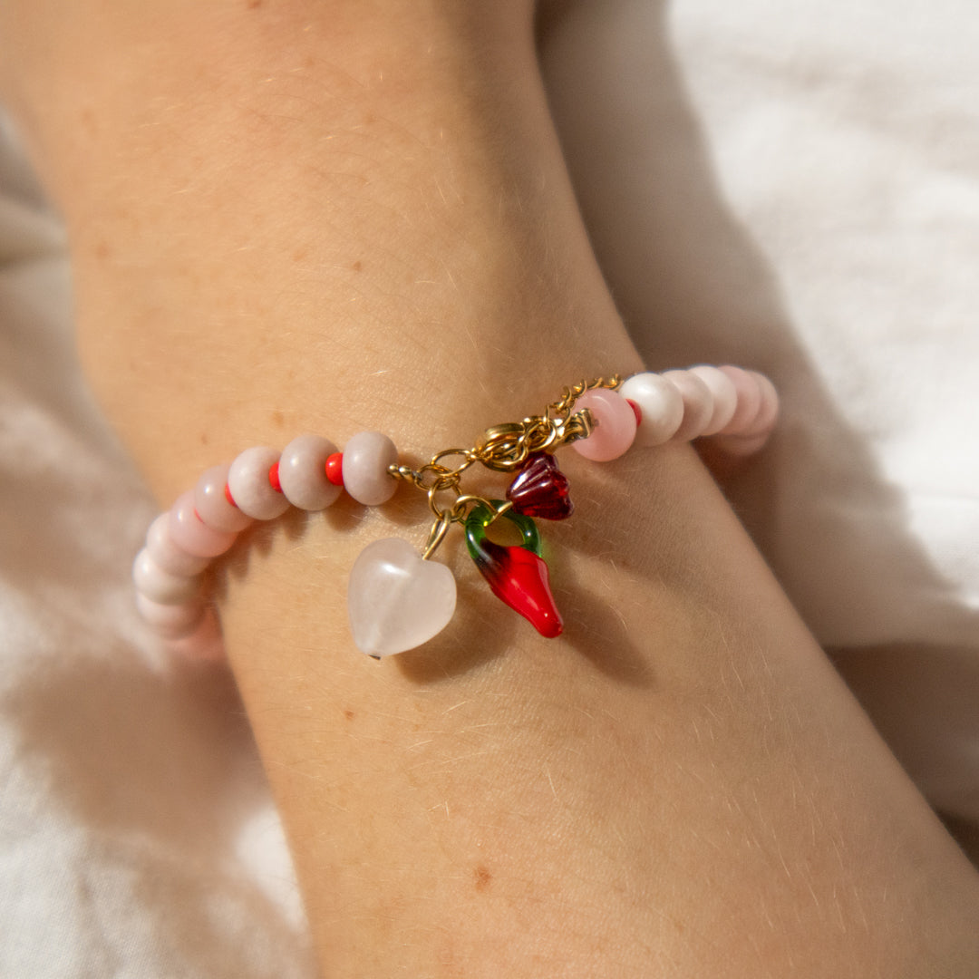 Gemstone Rose Quartz Heart Gingham Bracelet